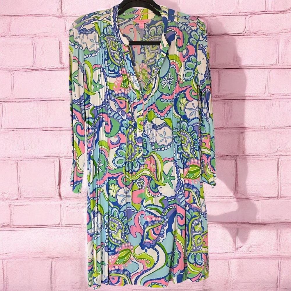Lilly Pulitzer Sarasota Pintuck Tunic Dress Size S Conch Republic Print Shift